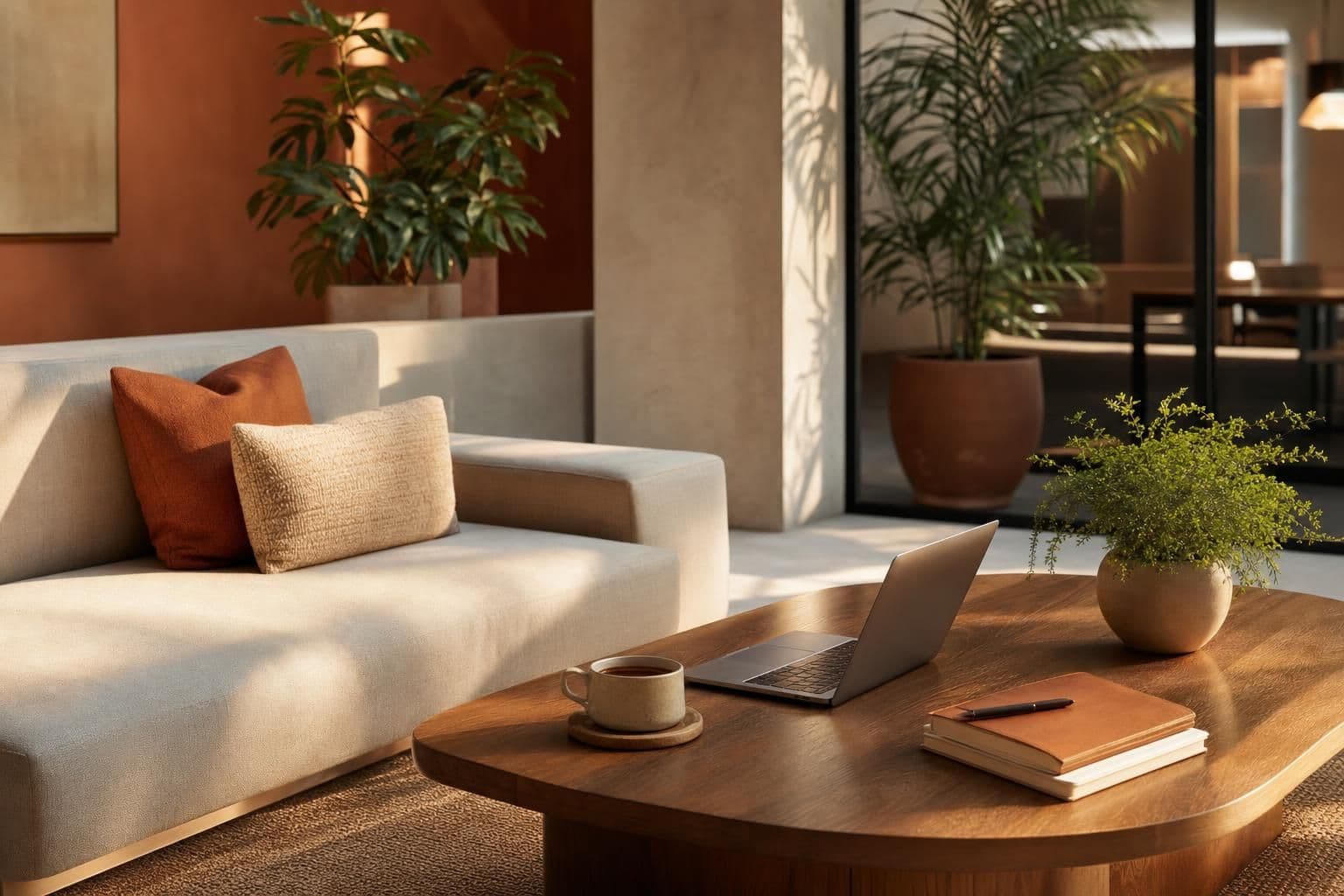 A calm lounge table with a laptop and plants