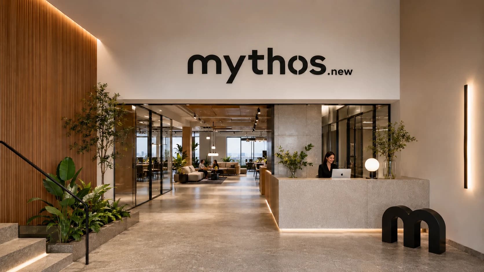A branded Mythos studio lobby with warm architectural lighting