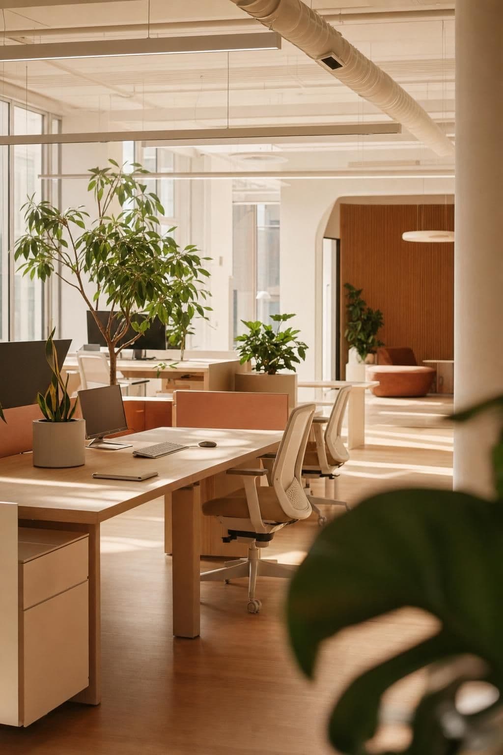 A plant-filled studio workspace in warm morning light
