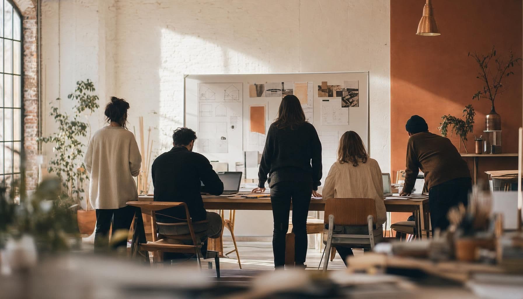 A small team sketching around a studio table